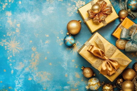 Christmas gifts and decorations on a turquoise background. copyspace. Generative AI.の素材