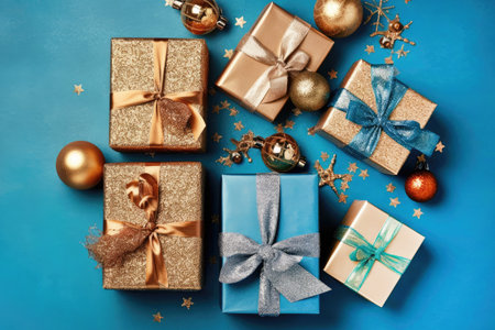 Christmas gifts and decorations on a turquoise background. New year concept. Generative AI.の素材