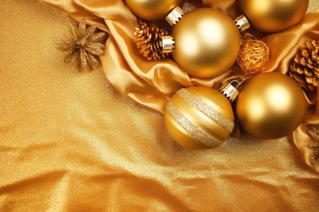 Gold Christmas decorations on a yellow background. Copy space flat. Generative AI.の素材