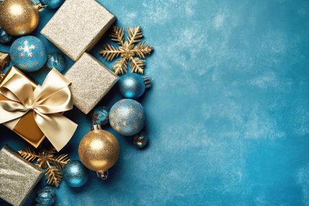 Christmas gifts and decorations on a turquoise background. Copy space, flat lay. Generative AI.の素材