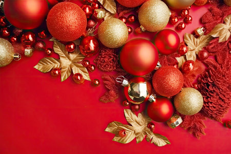 Christmas balls on a red background. copyspace. Generative AI.の素材