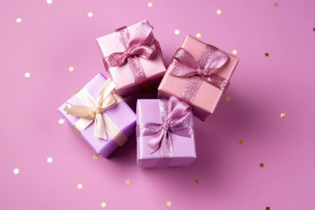Gifts on a pink background. The concept of holidays and shopping. Generative AI.の素材