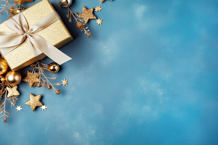Christmas gifts and decorations on a blue background. Space for text. Generative AI.の素材