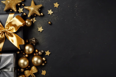Christmas gifts and decorations on a black background. copyspace. Generative AI.の素材