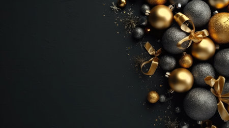 Christmas toys on a black background. greeting card. Space for text. Generative AI.の素材