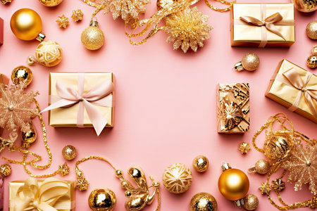Christmas gifts and decorations on a pink background. copyspace. Generative AI.の素材