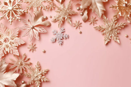 Christmas decorations on a pink background. Space for text. Generative AI.の素材
