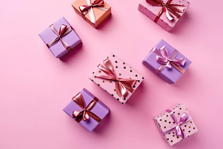 Gifts on a pink background. flat lay. Generative AI.の素材