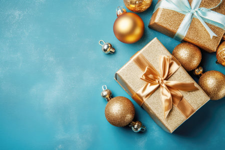 Christmas gifts and decorations on a blue background. copyspace. Generative AI.の素材
