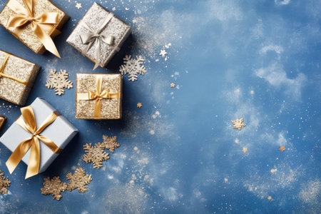 Christmas gifts and decorations on a blue background. Flat lay, space for text. Generative AI.の素材
