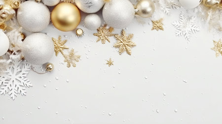 Christmas decorations on a white background. Copy space, top view. Generative AI.の素材