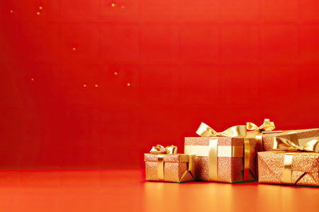 Gift boxes on a red background. Space for text. Generative AI.の素材