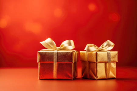Gifts on a red background, side view. copyspace. Generative AI.の素材