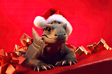 A dragon in a Santa Claus hat on a red background. The concept of Christmas and New Yearの素材