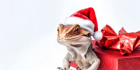 Dragon lizard in Santa Claus hat on white background. Space for textの素材