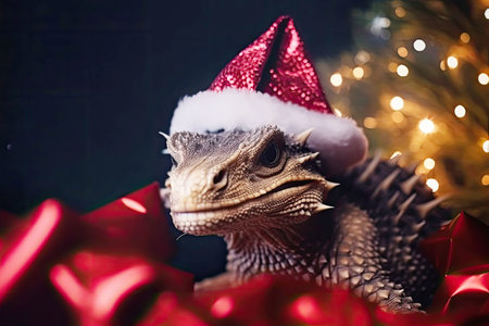 Dragon lizard in Santa Claus hat. Symbol of the New Yearの素材