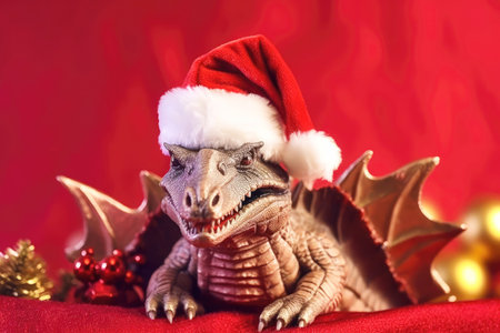 Dragon in Santa Claus hat on a red background. New Year's Eve Ideaの素材