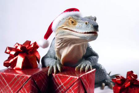 Dragon lizard with gift box. Symbol of New Year and Christmas. Holiday shopping and sales conceptの素材