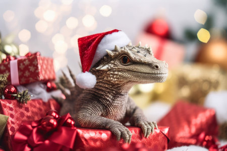 The dragon, with a gift boxes, symbolizes both the New Year and Christmas. Holiday shopping sales concept.の素材