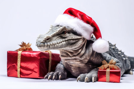 The dragon, with a gift on a white background, symbolizes New Year. Holiday shopping sales concept.の素材