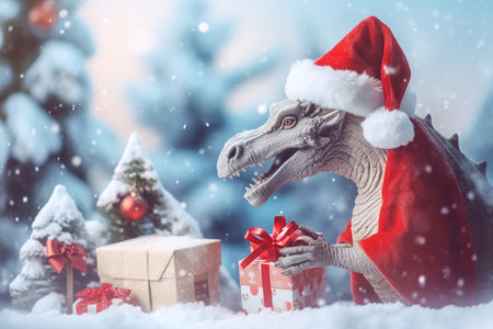 A dragon in a Santa Claus hat holds a gift. The idea of New Year's shoppingの素材
