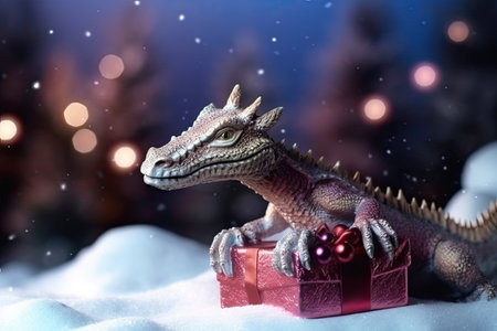 Mythical dragon holding a Christmas gift against the backdrop of a winter landscapeの素材