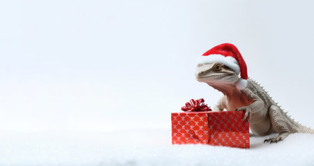 Dragon in a Santa Claus hat on a white background, christmas shopping. Space for textの素材