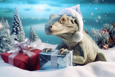 The dragon, adorned in a Santa Claus hat and surrounded by gift boxes, represents the essence of New Year and Christmas.の素材