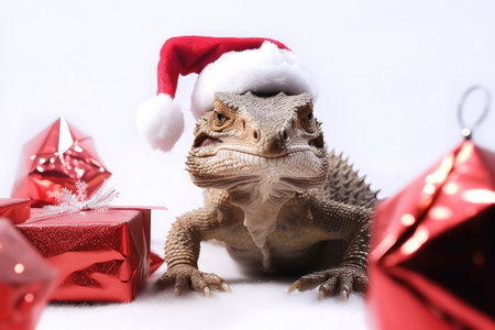 Representing both New Year and Christmas at the same time, the dragon lizard with gift box represents festive shopping and the idea of sales.の素材