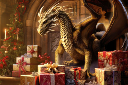 A dragon among the many gifts and Christmas decorations. Symbol of the New Yearの素材