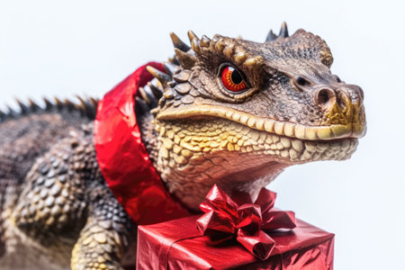 The dragon holding the gift symbolizes both the New Year and Christmas. Holiday shopping sales idea.の素材