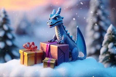 With the gift box the dragon is the symbol of the New Year and Christmas, the concept of festive shopping and the idea of sales.の素材