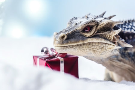 In the context of New Year and Christmas, a dragon accompanied by a gift box is emblematic. Holiday shopping and the concept of sales.の素材