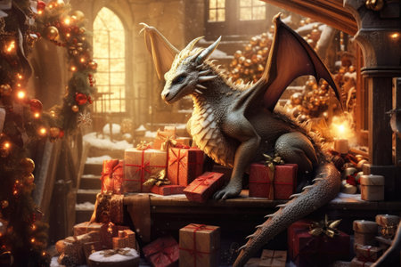 A dragon among the many gifts and Christmas decorations. Symbol of the New Year and Christmasの素材