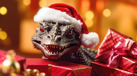Symbolizing New Year and Christmas, a dragon adorned with a gift box epitomizes the idea of holiday shopping and the concept of sales.の素材