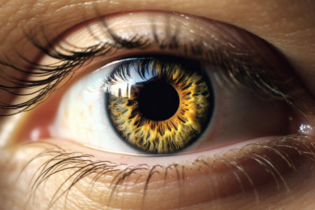 Yellow female eye close-up. Generative AI.の素材