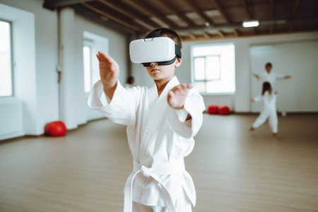 Karate boy in virtual 3D glasses. The concept of immersive experience. Generative AI.の素材
