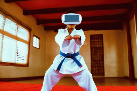 Karate boy in virtual 3D glasses. Immersive experiences in sport. Generative AI.の素材