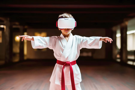 Karate boy in virtual 3D glasses. Digital technology in martial arts. Generative AI.の素材
