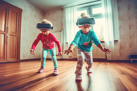 Two small children playing in 3D virtual reality glasses. Generative AI.の素材