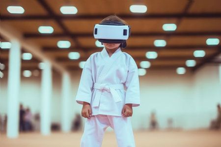 Using virtual 3D glasses, a boy karate kid introduces digital innovation to the world of karate. Generative AI.の素材