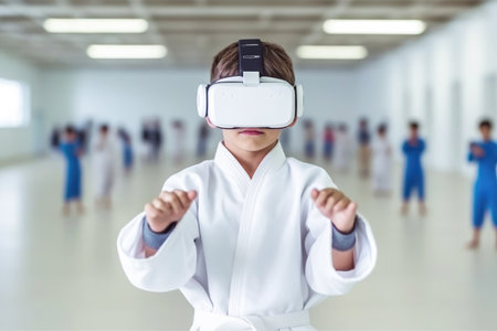 A young practitioner of karate dons virtual 3D goggles, embracing the integration of digital technology in the realm of sports. Generative AI.の素材