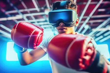 A boxer in 3D virtual reality glasses is engaged in boxing. Generative AI.の素材