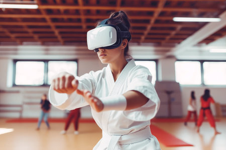 Karate girl in virtual 3D glasses. Immersive experiences in sport. Generative AI.の素材