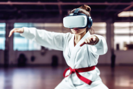Karate girl in virtual 3D glasses. Digital technology in sport. Generative AI.の素材