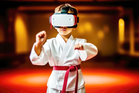 Sporting virtual 3D glasses, a boy immersed in the practice of karate exemplifies the harmonious union of digital technology and athletic endeavors. Generative AI.の素材