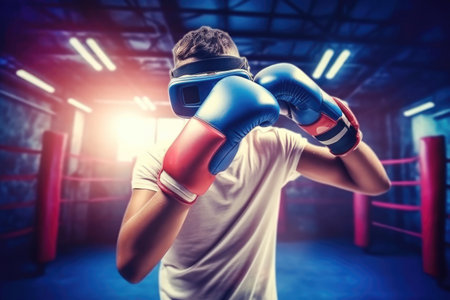 A boxer in 3D virtual reality glasses is engaged in boxing. The concept of immersive experience. Generative AI.の素材