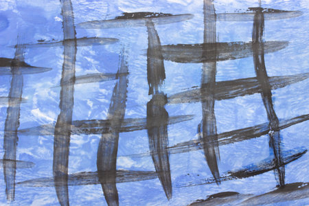 Background with black bars on a blue background. Abstract gouache painting.の写真素材