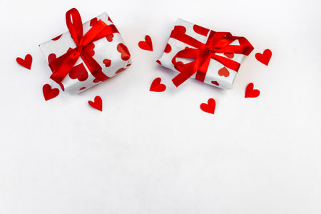 Gift boxes with hearts for Valentine's Day. copyspace. Shopping, sales and discount concept.の写真素材