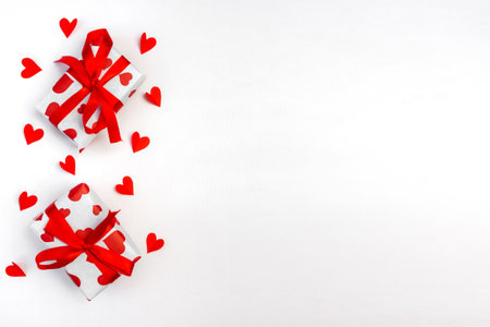Composition for Valentine's Day. Gift boxes with hearts on a white background. copyspace. flatly.の写真素材